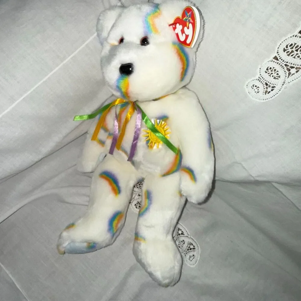 Rare 2002 Ty Beanie Buddy Cheery 15” Rainbow Sun Bear – Mint with Embroidered Ty
